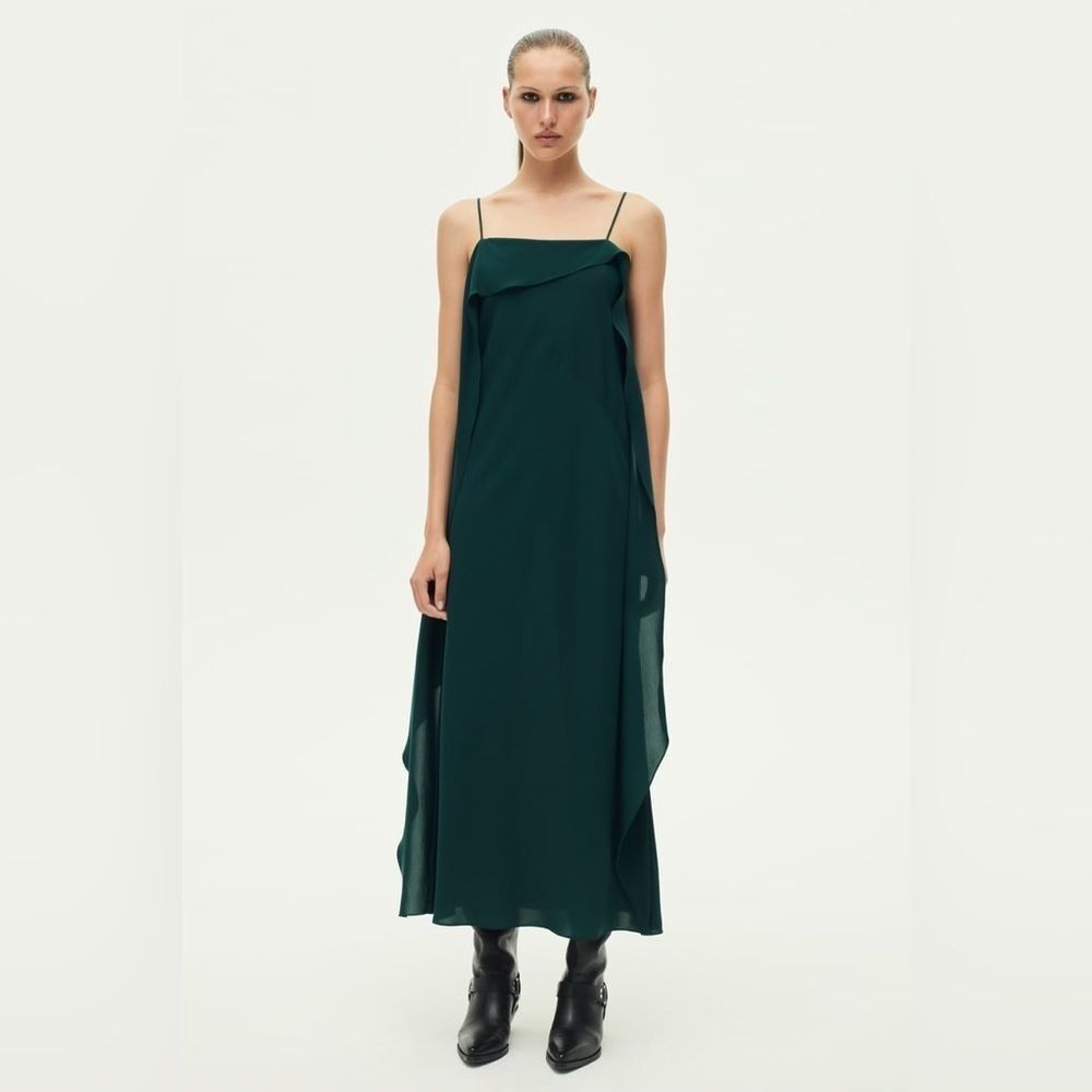 ZARA ZW Collection Emerald Green Satin Slip Maxi Dress XS NWT Side Slit